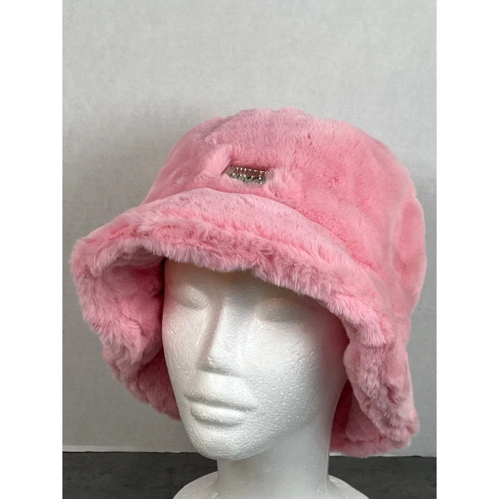 Madden NYC Pink Faux‎ Fur Bucket Hat Silver Logo Plaque Fuzzy Winter Streetwear